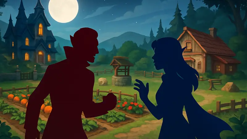 Игровой скриншот Moonlight Peaks с вампирскими персонажами и фермерскими элементами