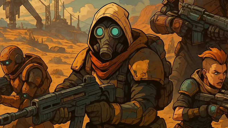 Обложка Gravebound: персонажи в стиле Borderlands на карте extraction-шутера.