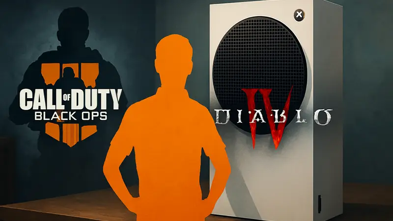 Логотипы Call of Duty: Black Ops 7 и Diablo 4 на фоне консоли Xbox, символизирующие бесплатный доступ.