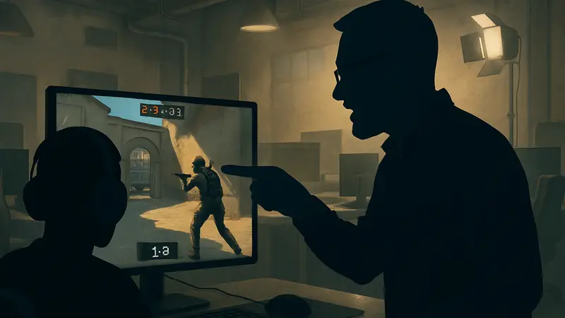 Киберспортивный тренер Dastan обсуждает игру и клатч ZywOo в CS2, указывая на монитор.