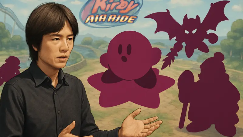 Масахиро Сакурай на фоне персонажей из игры Kirby Air Ride, объясняющий их дизайн и создание.