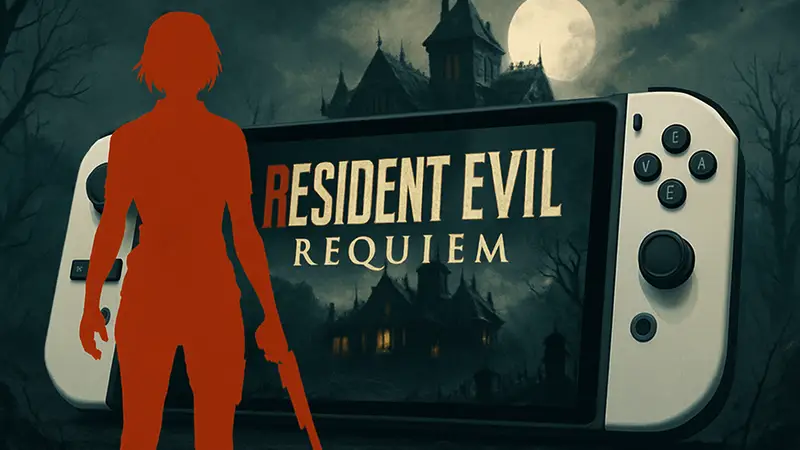 Логотип Resident Evil Requiem на фоне консоли Nintendo Switch 2.
