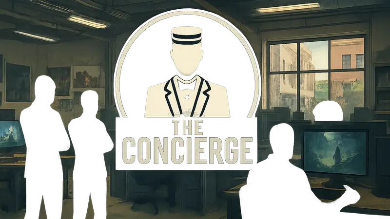 Логотип подкаста The Concierge на фоне студии разработки игр
