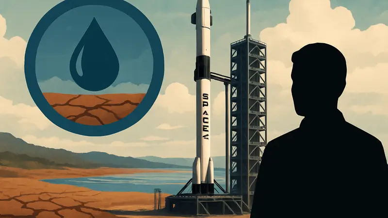 Ракета SpaceX на стартовой площадке с фоном, символизирующим водные ресурсы и дефицит