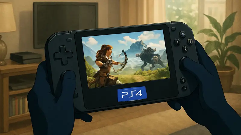 Самодельная портативная консоль на базе PS4, демонстрирующая экран и элементы управления в руках пользователя.