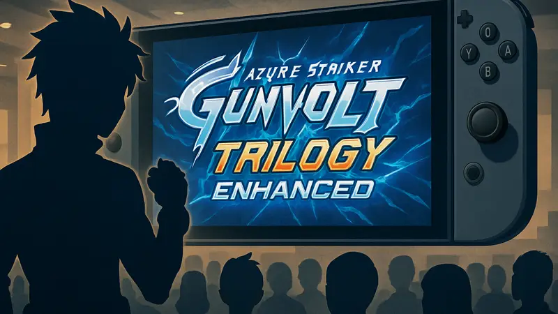 Логотип игры Azure Striker Gunvolt Trilogy Enhanced на фоне Nintendo Switch 2