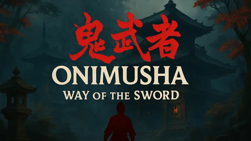 Логотип Onimusha: Way of the Sword на темном фоне с японскими элементами