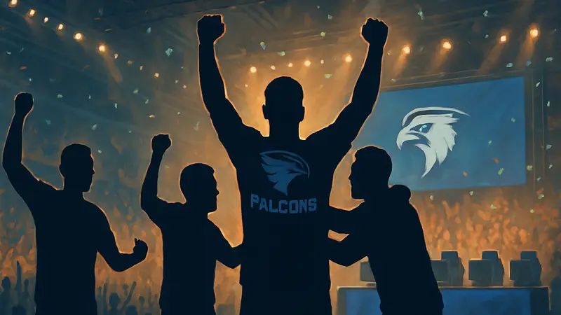 Игроки киберспортивной команды Falcons празднуют победу на турнире в Роттердаме.