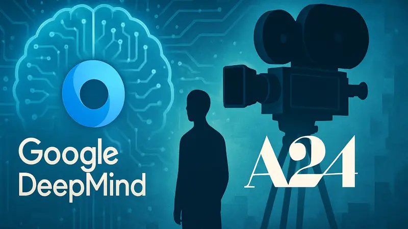 Логотипы Google DeepMind и A24 на фоне символизирующем искусственный интеллект и кинокамеру.