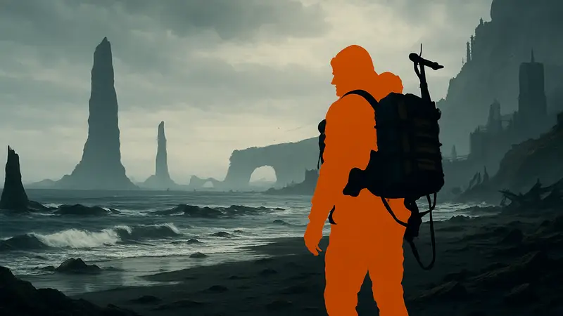 Сэм Портер Бриджес в Death Stranding 2 On the Beach, кадр из игры с элементами постапокалиптического пейзажа