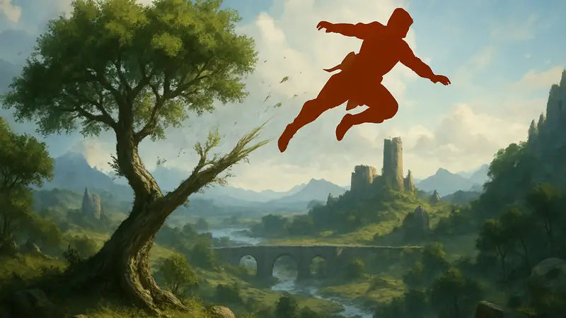 Игрок Crimson Desert, использующий дерево как катапульту, в фэнтезийном мире.