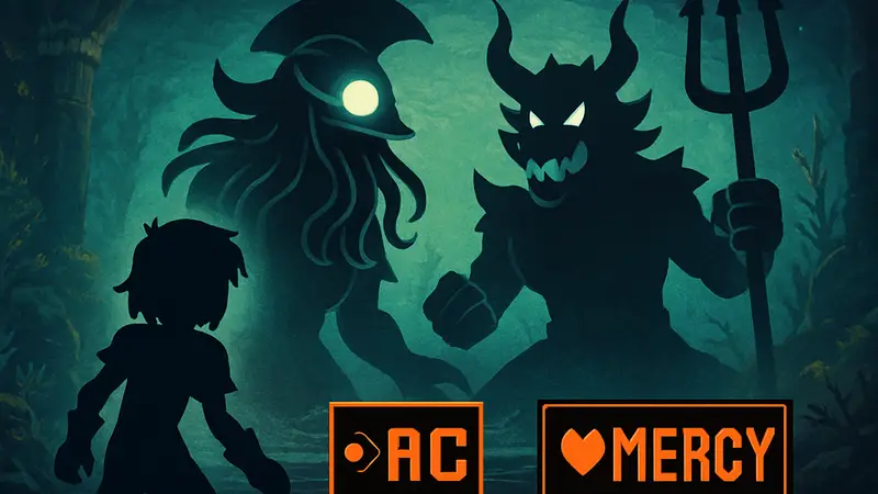 Боссы Аква и Сет из Deltarune Глава 5 в процессе битвы, с элементами игрового интерфейса и надписями «Act» и «Mercy».