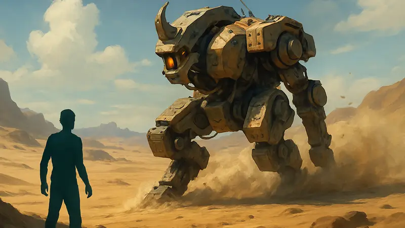 Боевой мех Трамплер из Sand: Raiders of Sophie в движении по пустынной карте.