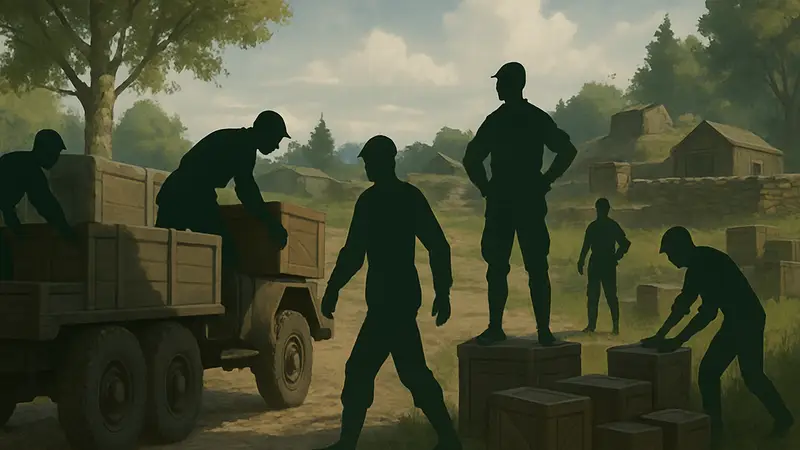 Скриншот из Foxhole с игроками, занимающимися логистикой и командной работой.