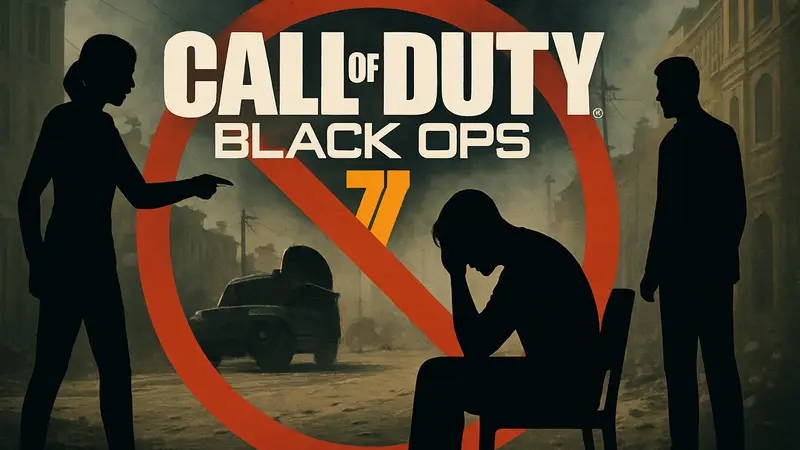 Изображение логотипа Call of Duty: Black Ops 7 на фоне запрещенной рекламы, вызывающей скандал в Великобритании.