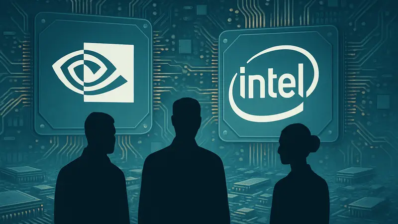 Логотипы Nvidia и Intel на фоне микросхем, символизирующие потенциальное сотрудничество в производстве AI-чипов