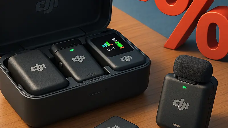 Беспроводной микрофон DJI Mic 3 с аксессуарами, лежащий на столе, демонстрирующий скидку.