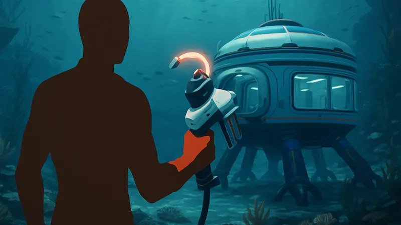 Ремонтный инструмент в руке игрока Subnautica 2, подводная база