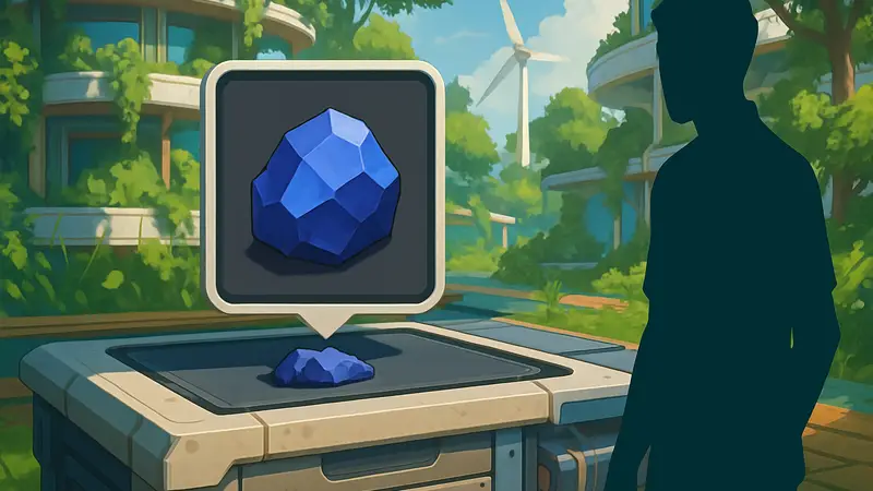 Кобальтовая руда в инвентаре игры Solarpunk, лежащая на футуристическом верстаке