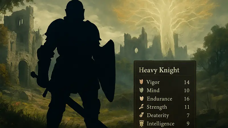 Скриншот из Elden Ring, показывающий Heavy Knight с боевыми характеристиками.