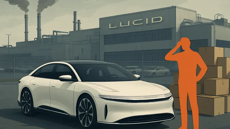 Электромобиль Lucid Air на фоне завода, демонстрирующий проблемы производства и складские запасы.