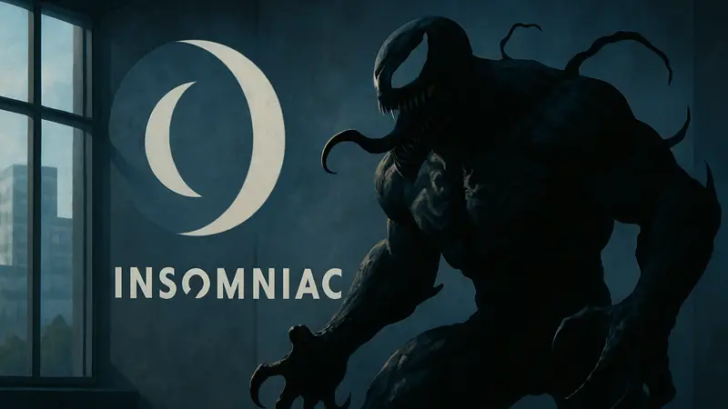 Веном из игр Spider-Man Insomniac Games, на фоне логотипа студии.