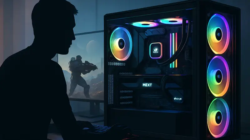Современный игровой ПК 2026 года с яркой подсветкой, демонстрирующий высокую производительность