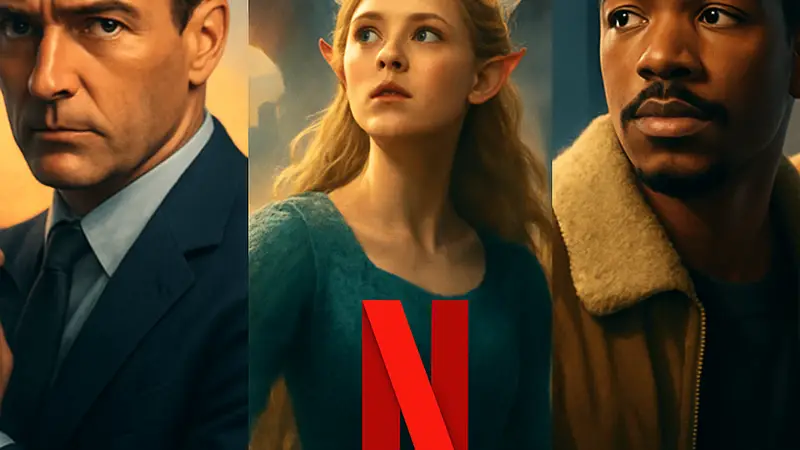 Коллаж из кадров или постеров трех фильмов, доступных на Netflix, с логотипом сервиса.