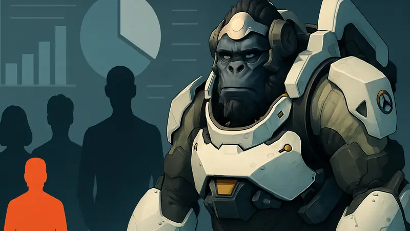 Уинстон из Overwatch в своей броне, на фоне графиков статистики лояльности игроков.