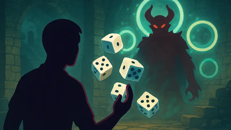 Иллюстрация рогалика с кубиками и магическими кольцами, похожая на Balatro.