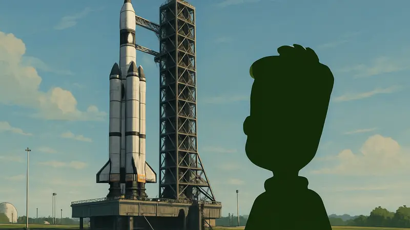 Ракета в Kerbal Space Program на фоне стартовой площадки, напоминающей Artemis II.
