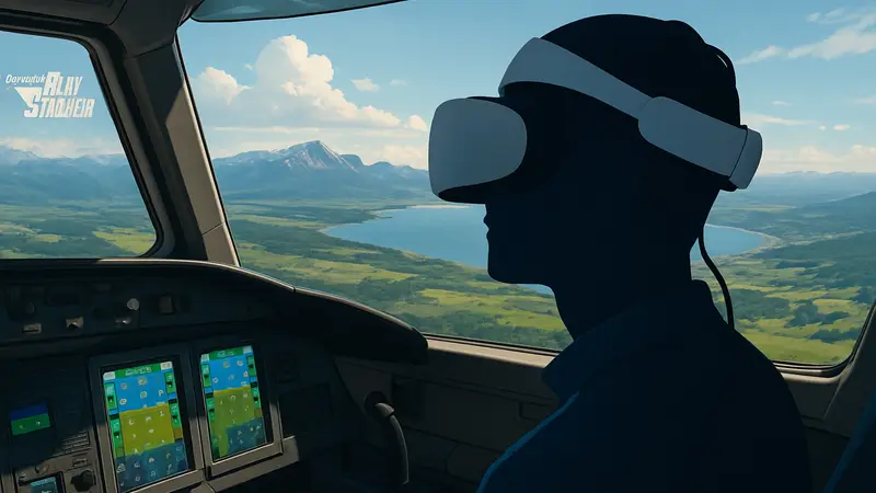 Пилот в кабине самолёта Microsoft Flight Simulator 2024, наблюдающий за пейзажем через шлем PSVR2.
