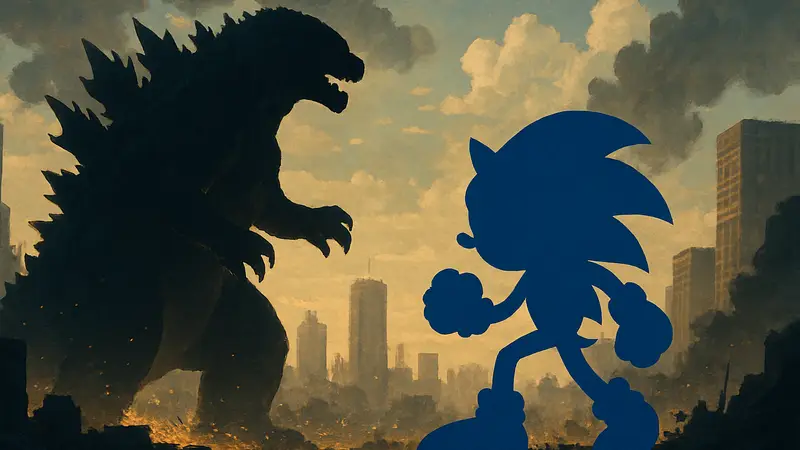 Обложка комикса Sonic the Hedgehog X Godzilla, Годзилла и Соник вместе.