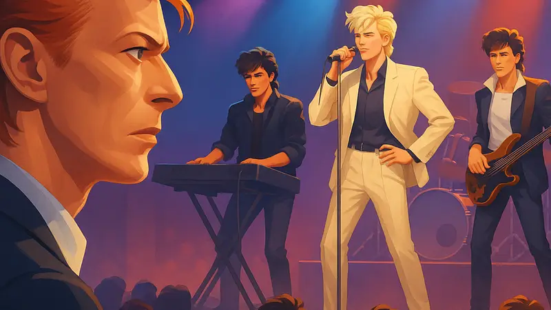 Молодой Дэвид Боуи смотрит на участников группы Duran Duran, концертный зал 80-х годов.