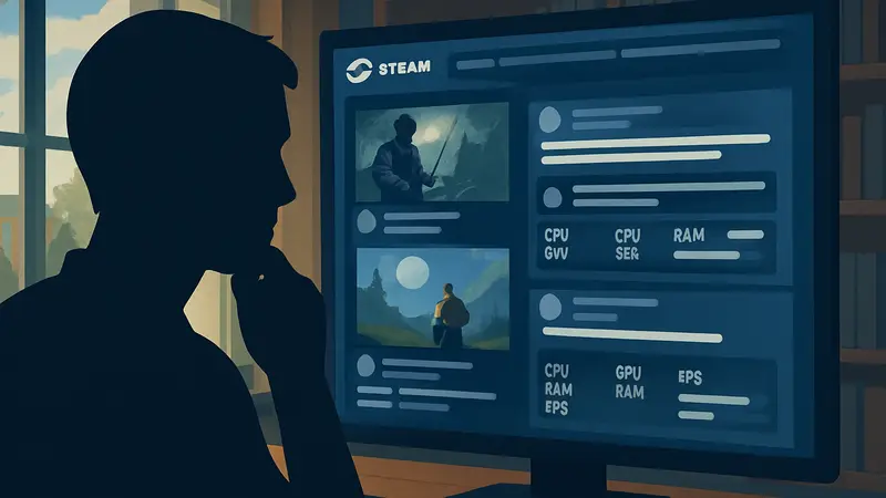 Пользователь Steam просматривает обзоры игр с характеристиками ПК и данными о FPS