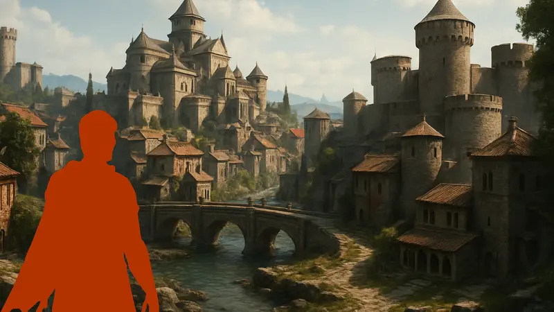 Скриншот из игры Crimson Desert с видом на город Пайлуне до или после восстановления