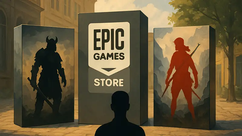 Логотип Epic Games Store и две коробки с бесплатными играми, символизирующие акцию.