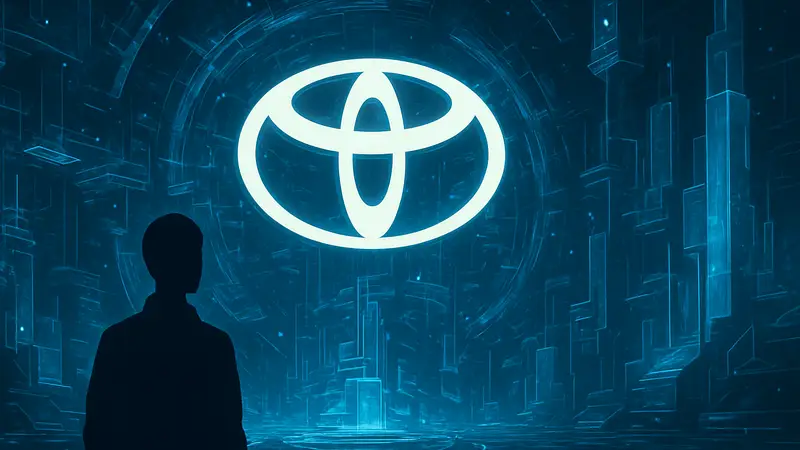 Логотип Toyota на фоне футуристичного игрового движка Fluorite, символизирующего инновации в технологиях и игровую индустрию.