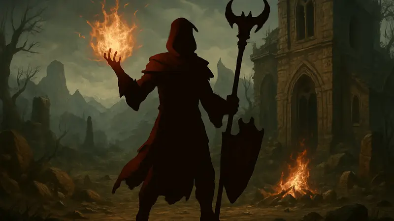 Изображение класса Чернокнижник в Diablo 2 Resurrected, демонстрирующее его магические способности и снаряжение.