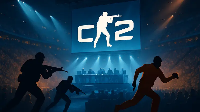 Логотип Counter-Strike 2 на фоне киберспортивной арены с игроками в динамике.