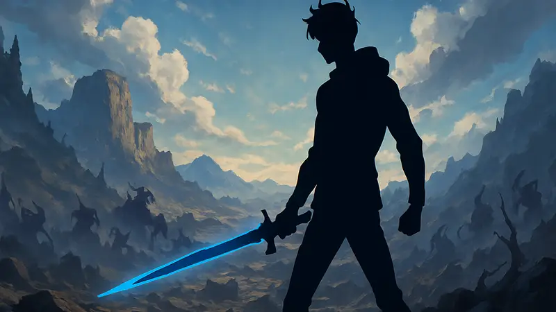 Изображение главного героя Solo Leveling, Сон Джин-Ву, в боевой стойке на фоне эпичного пейзажа