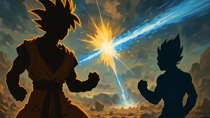 Культовые персонажи Dragon Ball, такие как Гоку и Вегета, на фоне сражения, символизирующего силу их цитат.