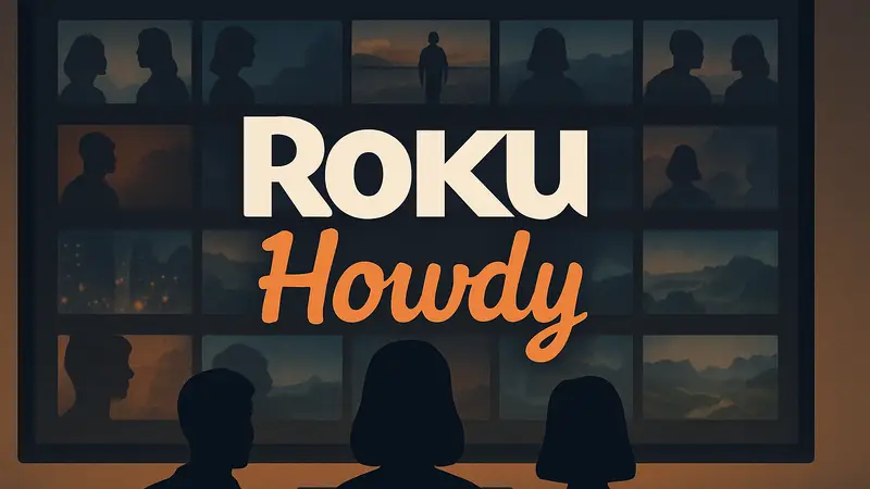 Логотип стримингового сервиса Roku Howdy на фоне экрана с видеоконтентом