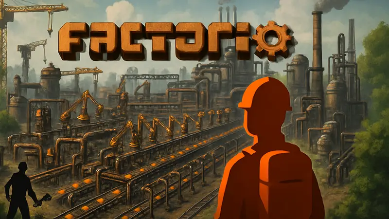 Логотип игры Factorio с элементами строительства и автоматизации