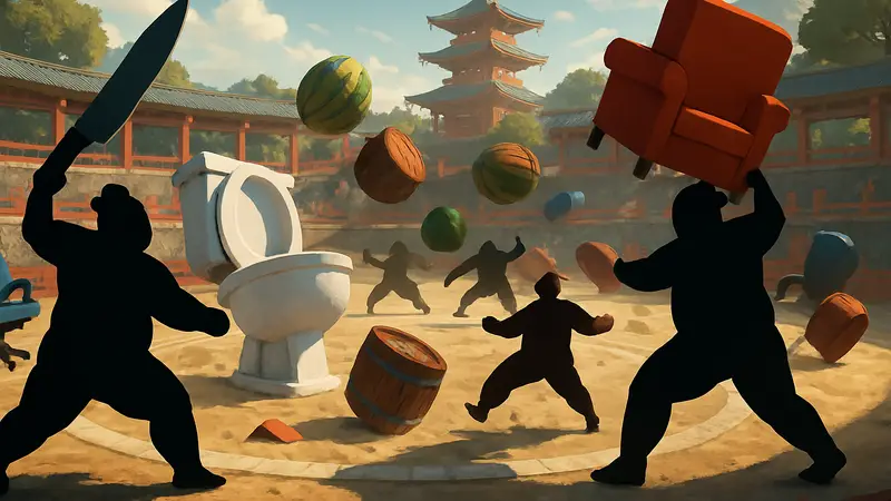 Скриншот игры Prop Sumo с хаотичными сражениями предметов на арене