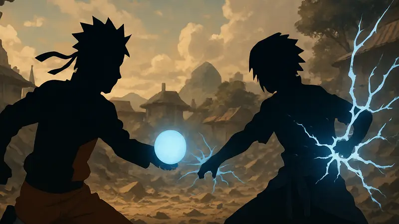 Наруто и Саске используют совместную комбо-атаку в аниме или игре