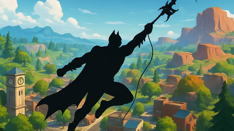 Изображение Бэтмена, использующего крюк-кошку в игре Fortnite.