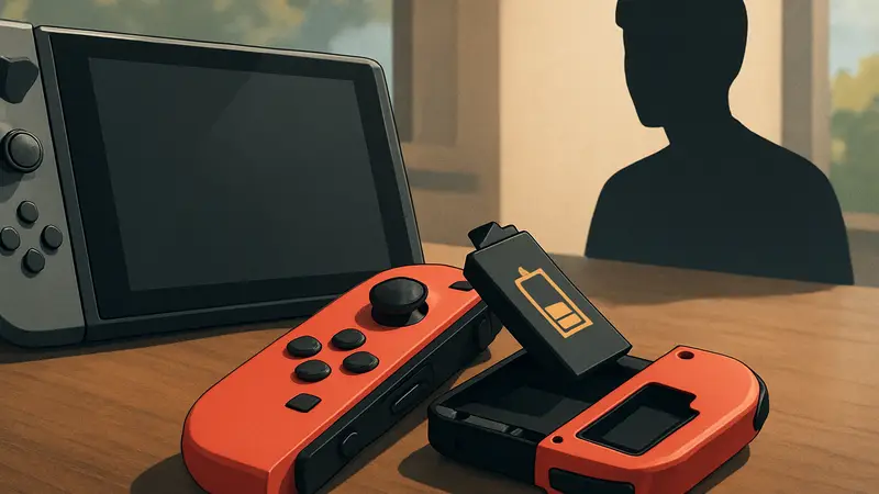 Изображение обновлённого контроллера Nintendo Switch Joy-Con с заменяемой батареей, лежащего рядом с консолью.