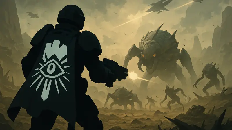 Игрок в Helldivers 2 с плащом «Око Свободы» на спине, сражающийся с врагами.