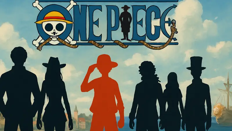 Логотип One Piece с персонажами команды Мугивар, включая Луффи и потенциального нового члена.